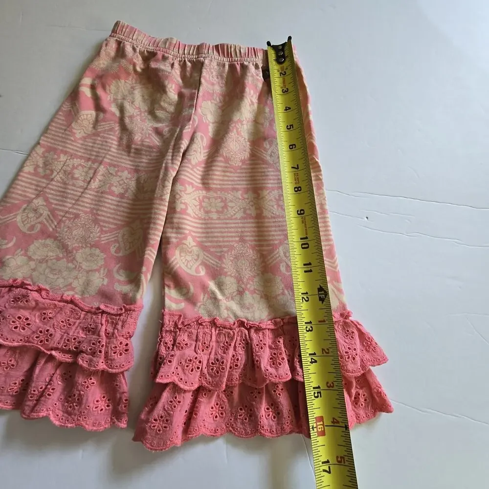 Matilda Jane Ruffled Capri Pants Girls Sz 4 Elastic Pink Coral Tan Lace‎ Whimsy